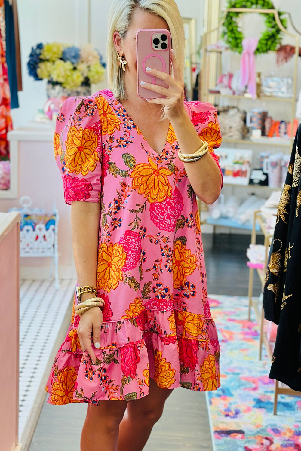 Matilda - Floral Bubble Sleeve V Neck Ruffled Dress