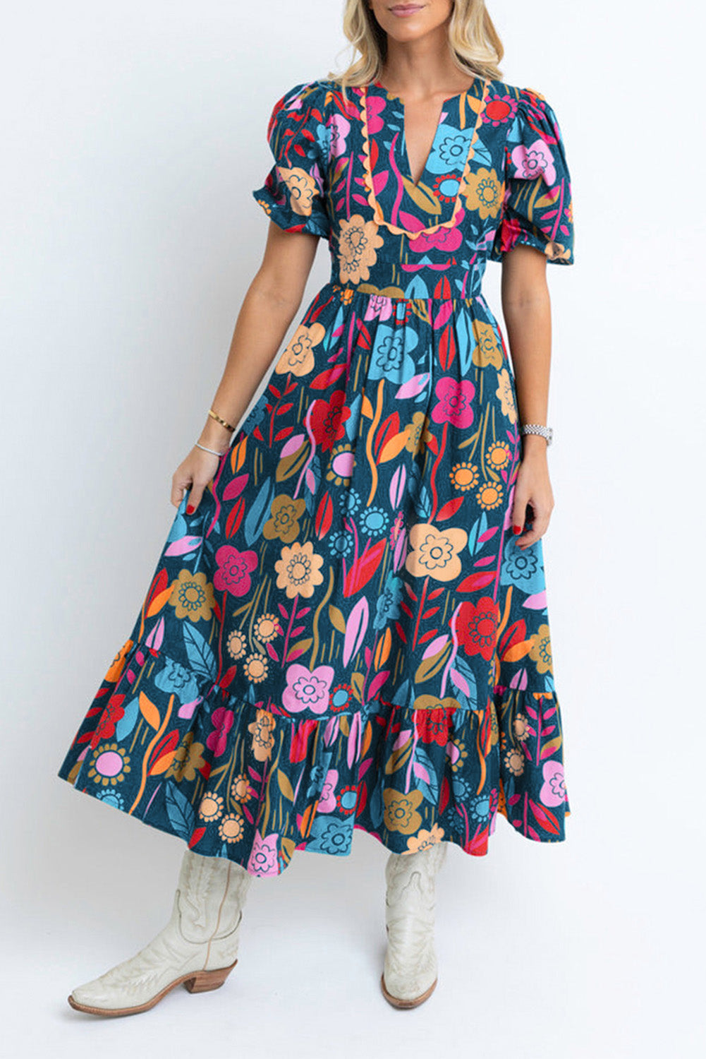 Giselle - Floral Split Neck Maxi Dress with Retro Print