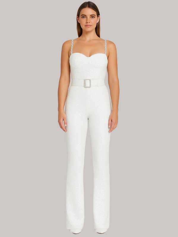 Elizabeth - Women’s Strapless Glitter Jumpsuit with Waist Belt