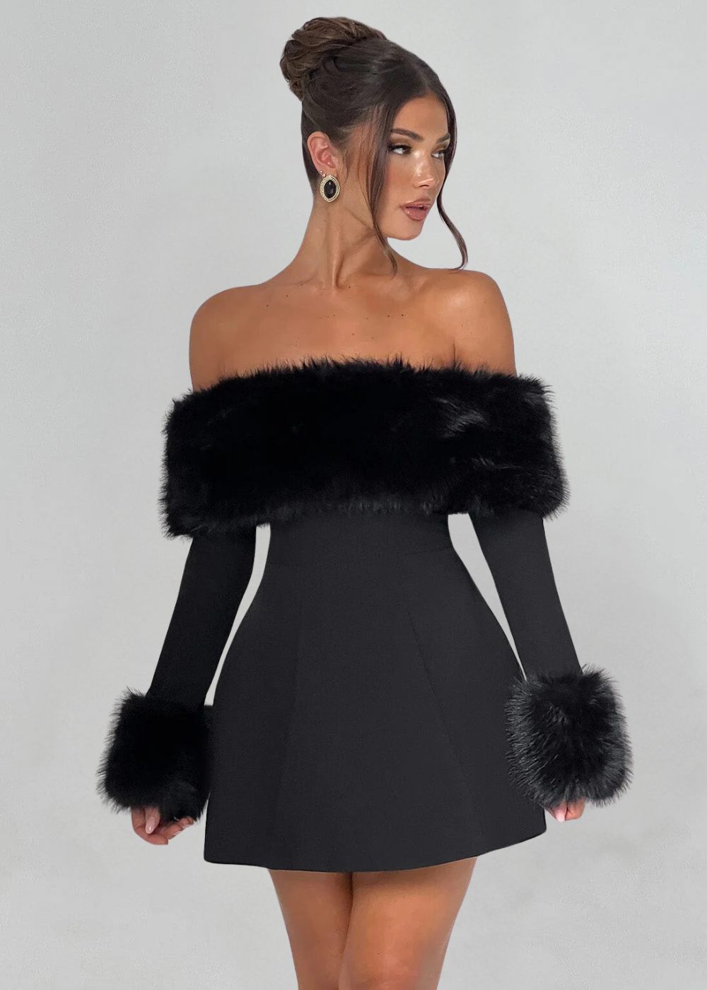 Selina - Off-Shoulder Fur Sleeve Mini Dress