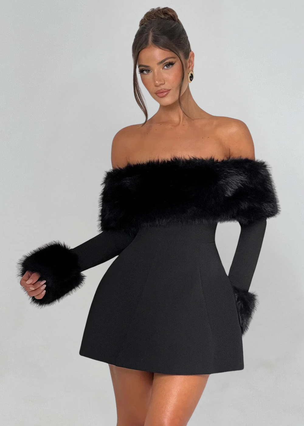 Selina - Off-Shoulder Fur Sleeve Mini Dress