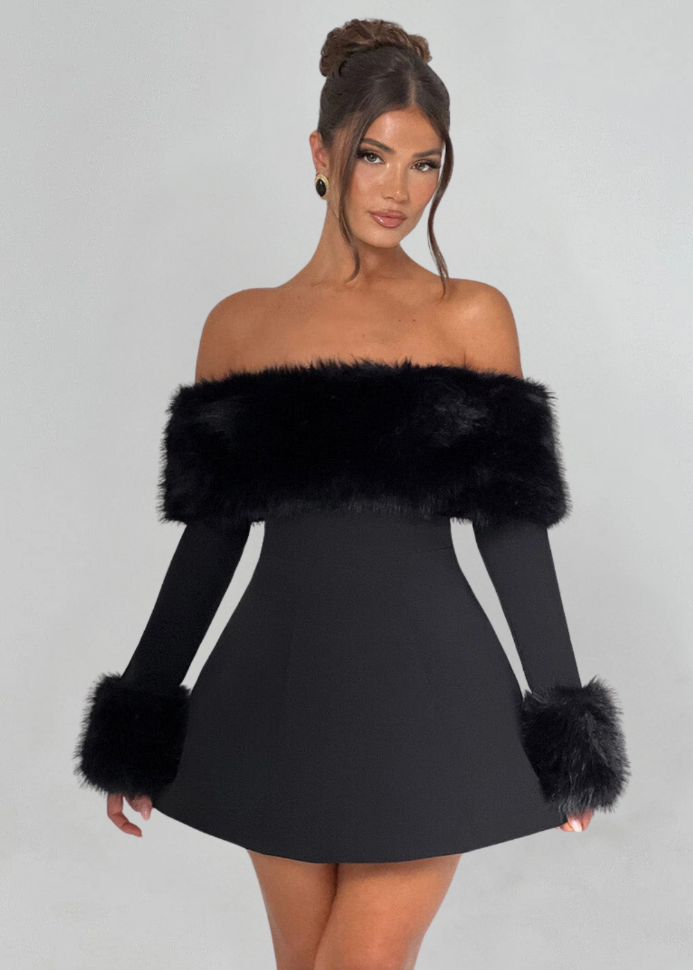 Selina - Off-Shoulder Fur Sleeve Mini Dress