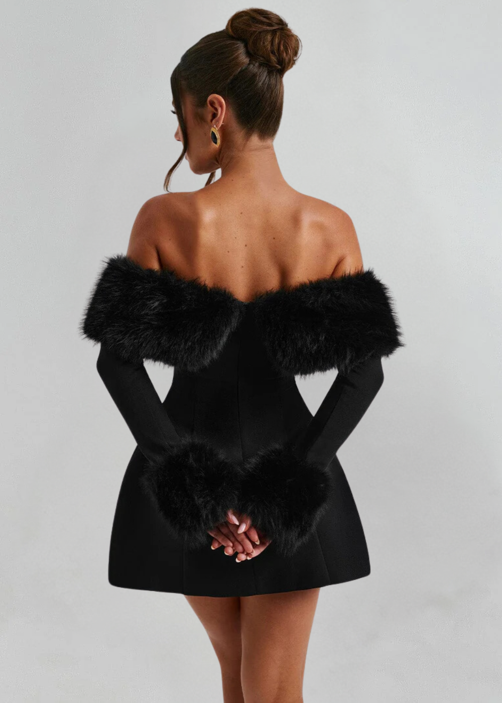 Selina - Off-Shoulder Fur Sleeve Mini Dress