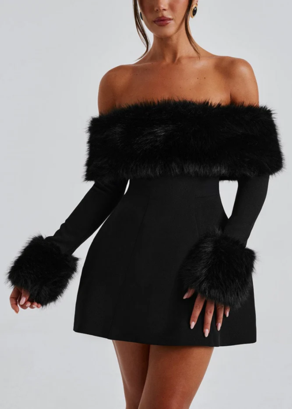 Selina - Off-Shoulder Fur Sleeve Mini Dress