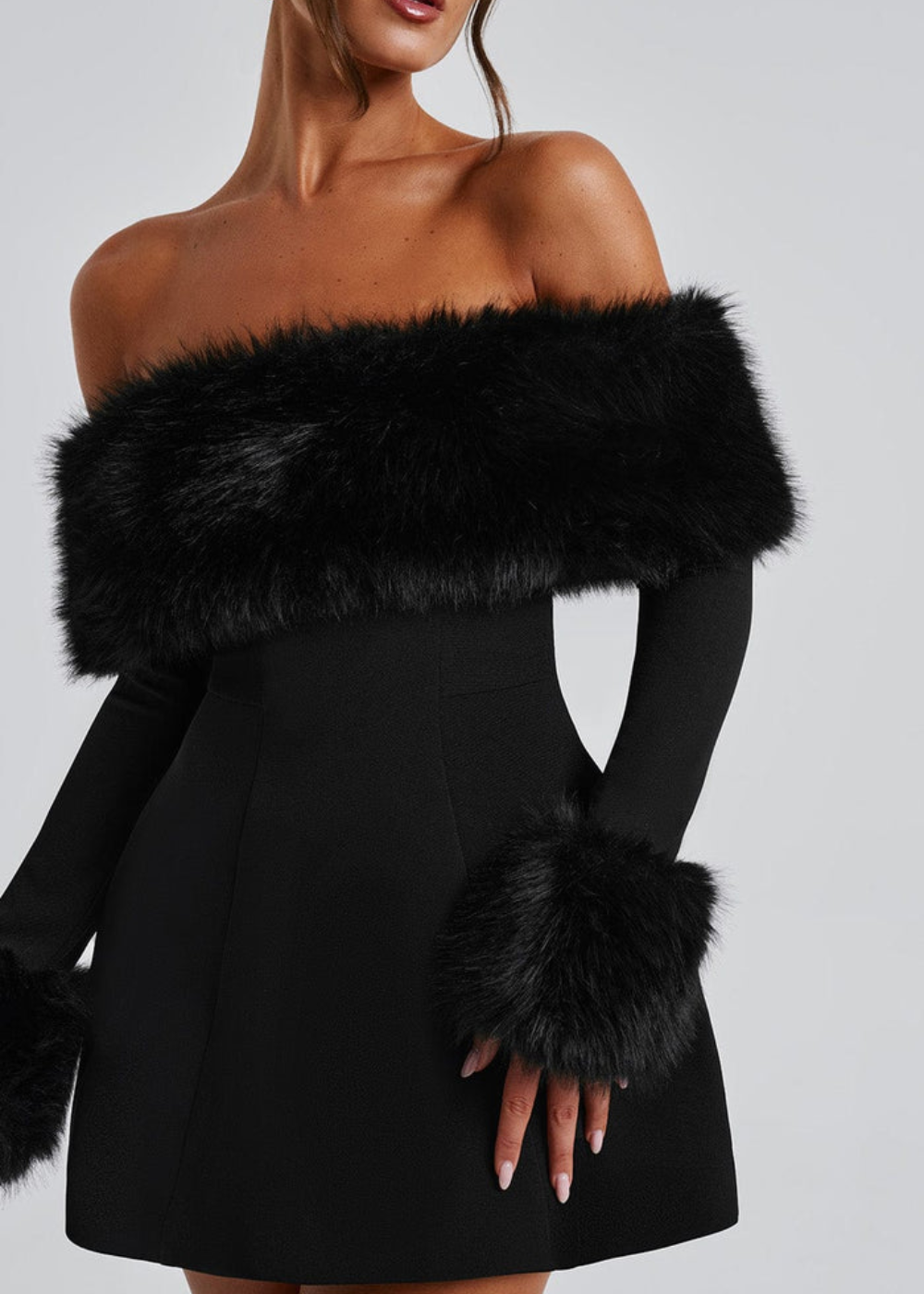 Selina - Off-Shoulder Fur Sleeve Mini Dress