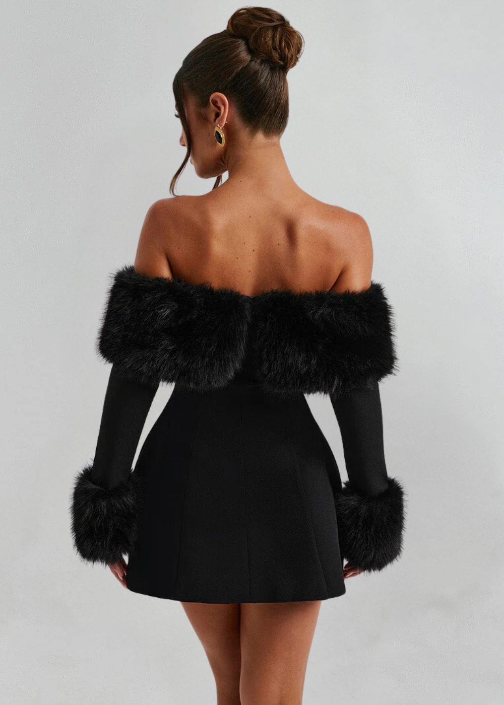 Selina - Off-Shoulder Fur Sleeve Mini Dress