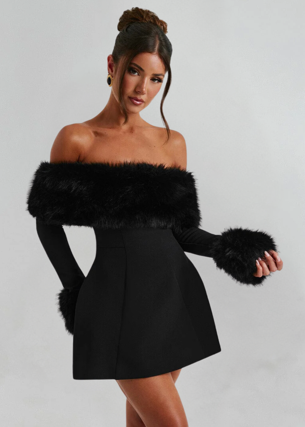 Selina - Off-Shoulder Fur Sleeve Mini Dress