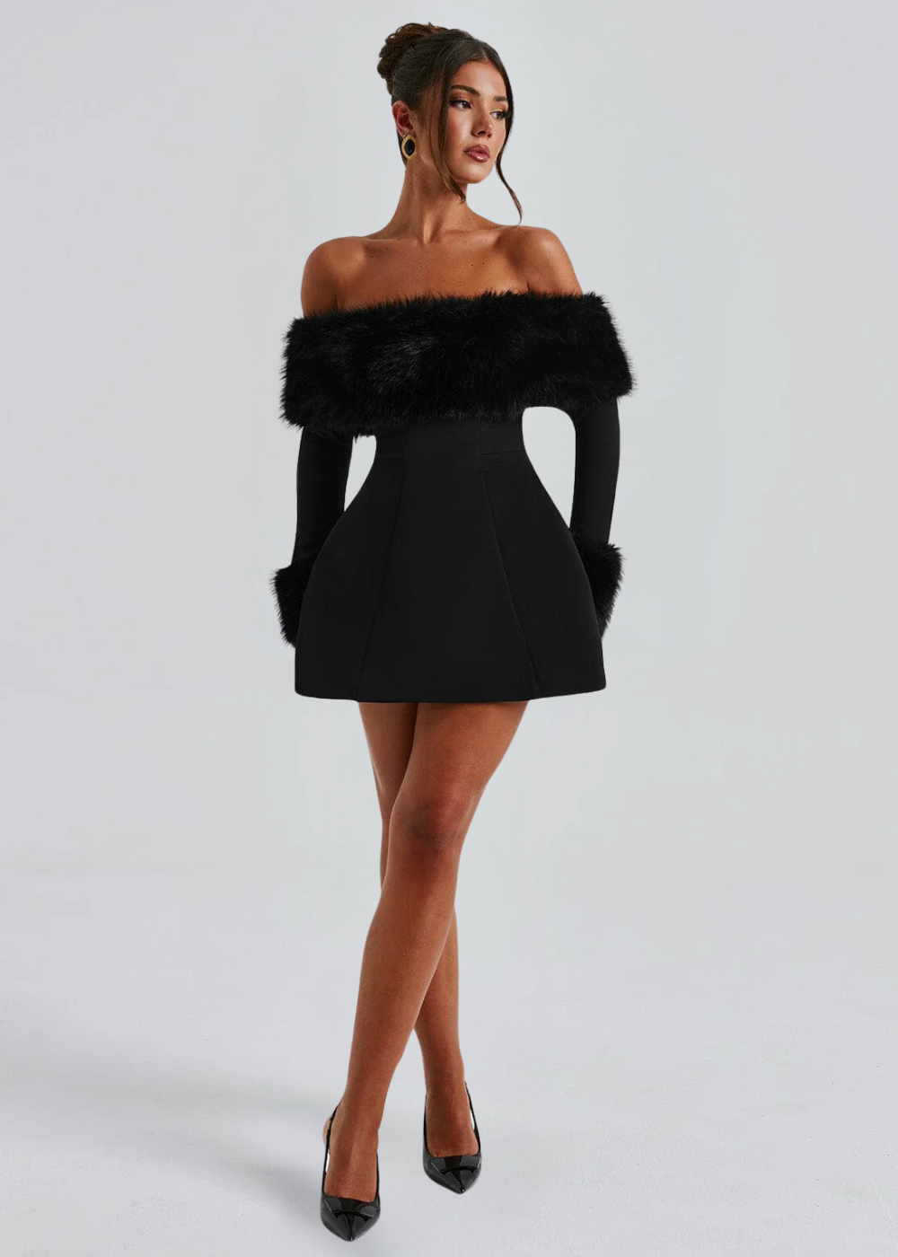 Selina - Off-Shoulder Fur Sleeve Mini Dress