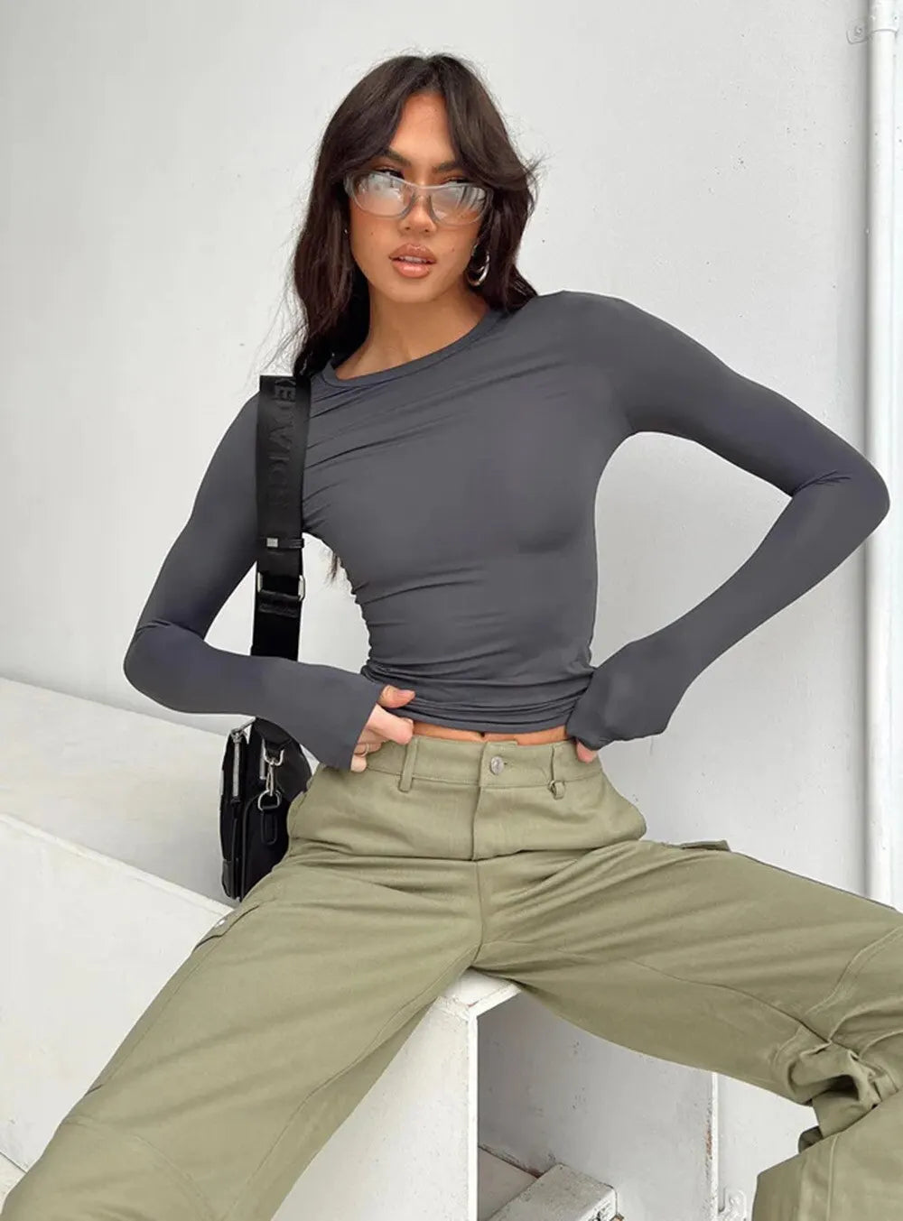 Glenda - Slim-Fit Long Sleeve Ruched Top Soft and Stretchy