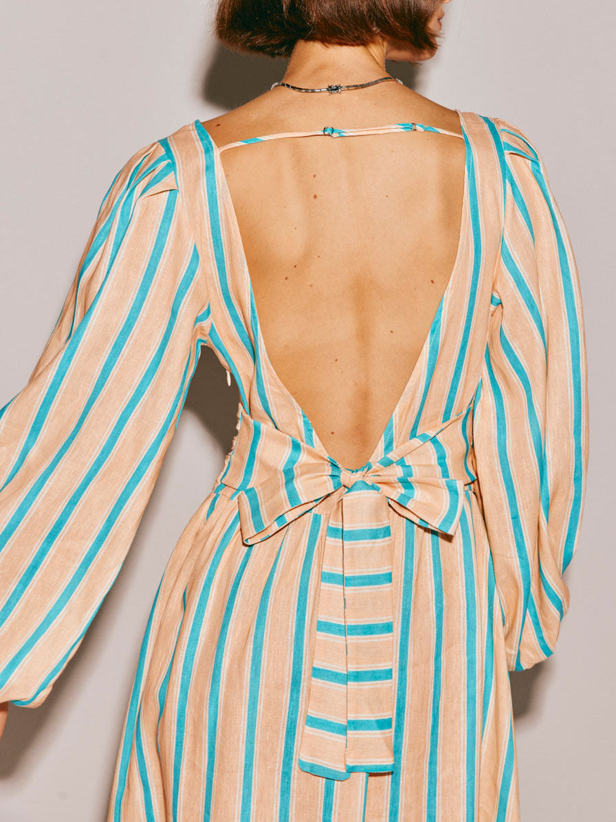 Mara - Striped Floral Print Sexy Backless Midi Dress