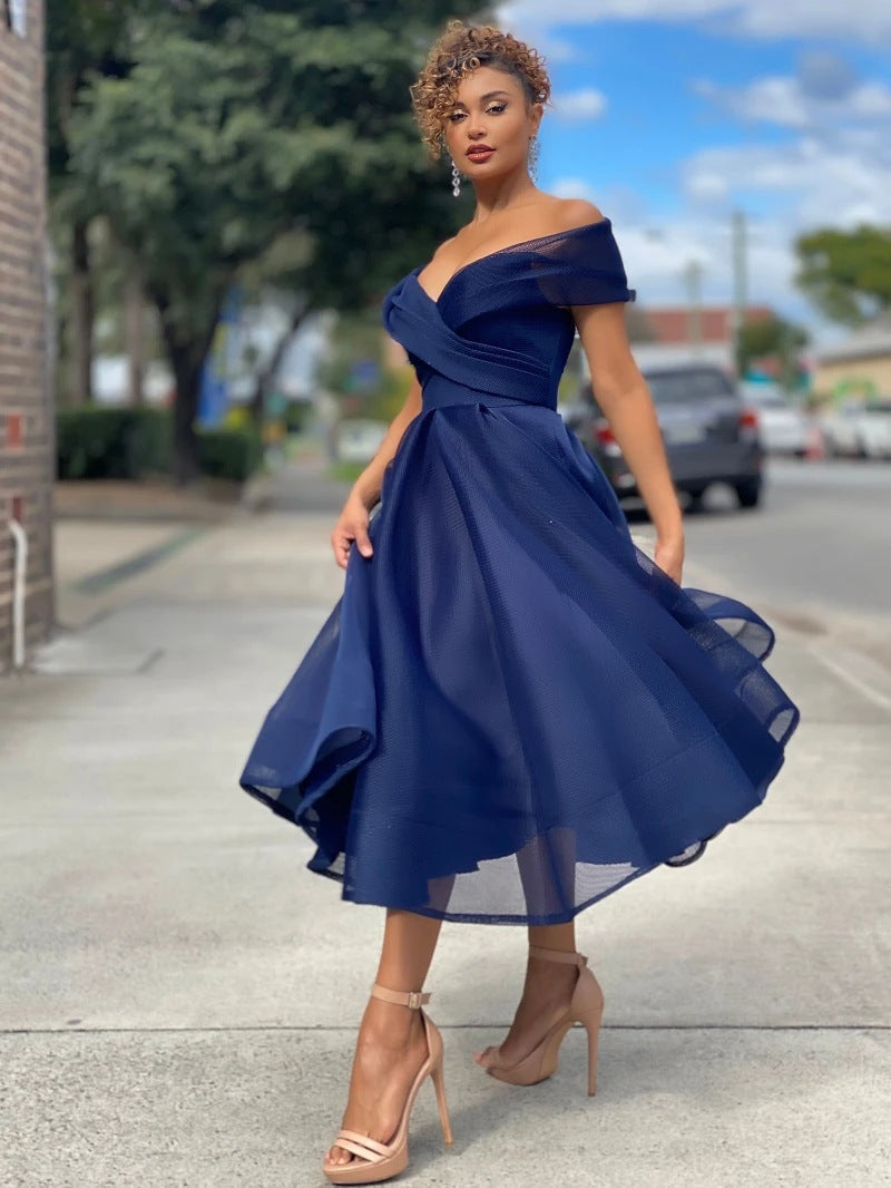 Valentina - Women’s Off-Shoulder A-Line Midi Dress with Fitted Waist