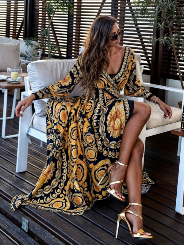 Lani - Bohemian Maxi Dress with Golden Print and High Slit