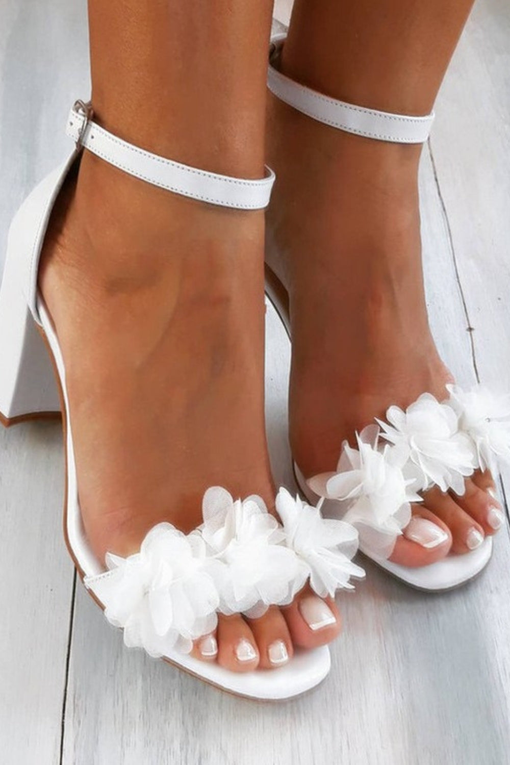 Odelia - Floral Strap Heels White Satin and Mesh Wedding Heels