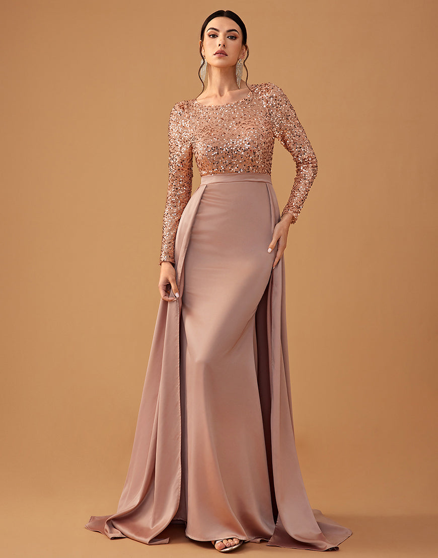 Divina - Sequin Draped Evening Gown Formal Satin and Sequin