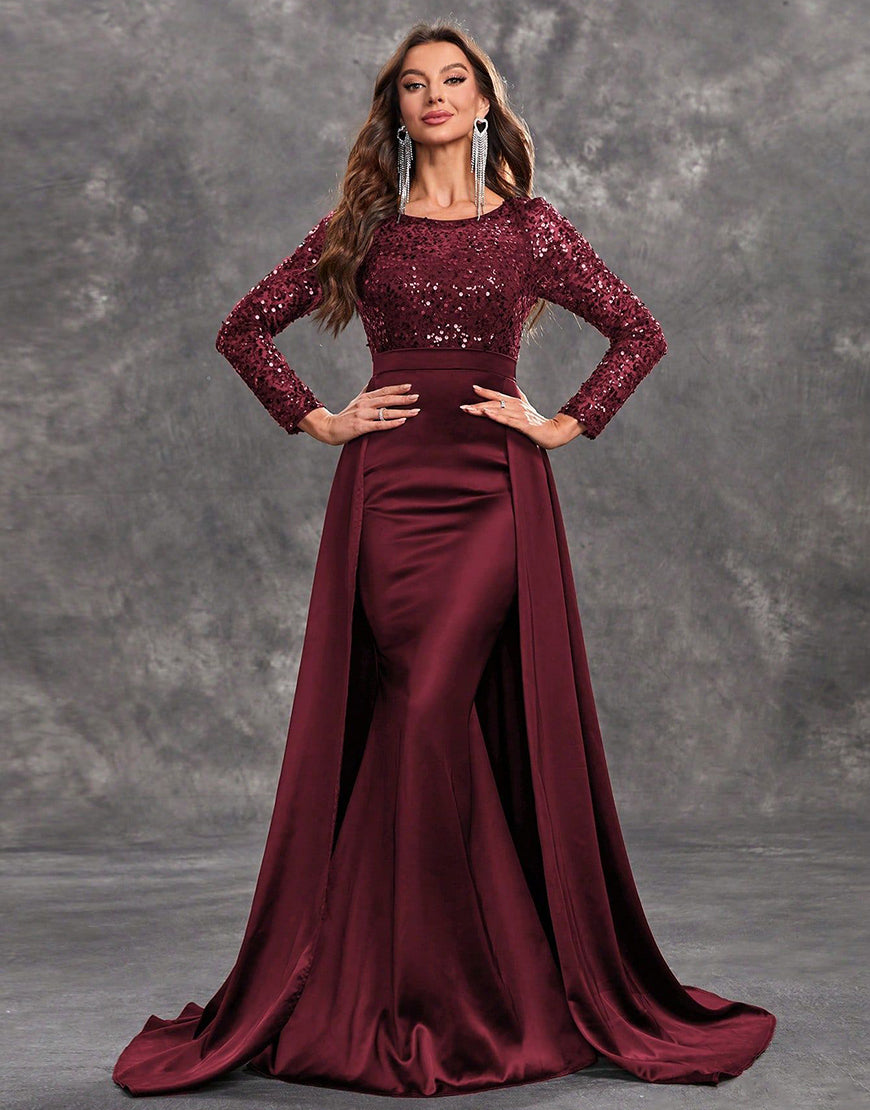 Divina - Sequin Draped Evening Gown Formal Satin and Sequin