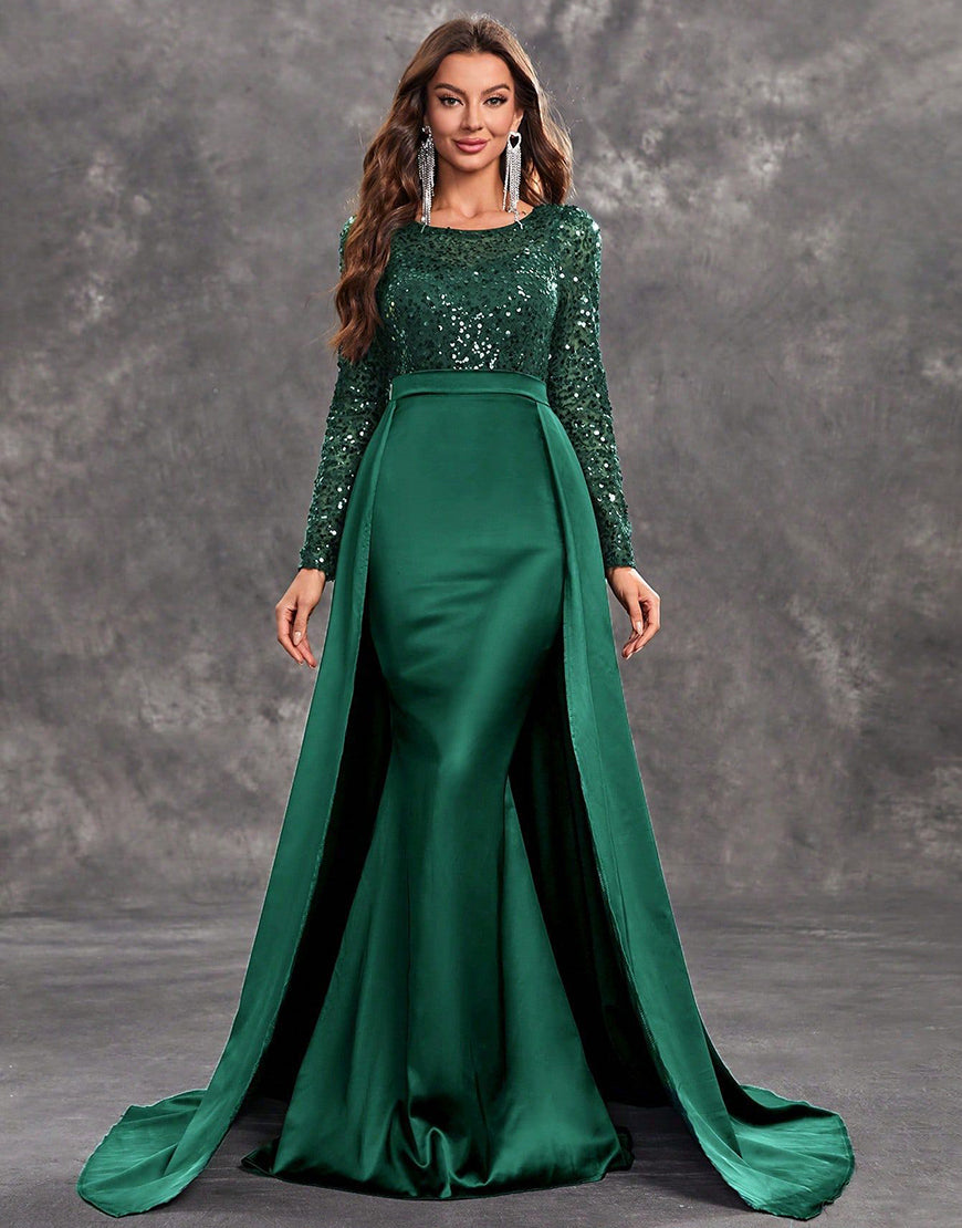 Divina - Sequin Draped Evening Gown Formal Satin and Sequin