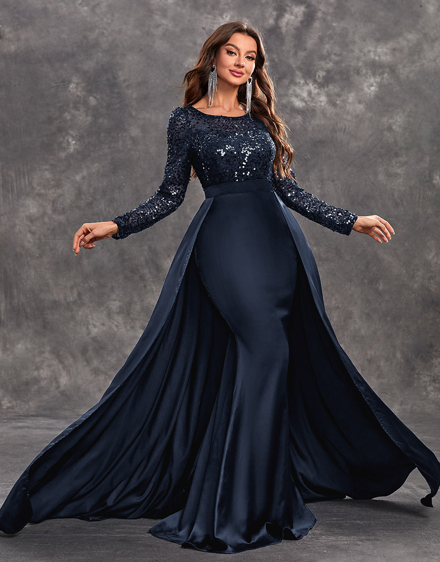 Divina - Sequin Draped Evening Gown Formal Satin and Sequin