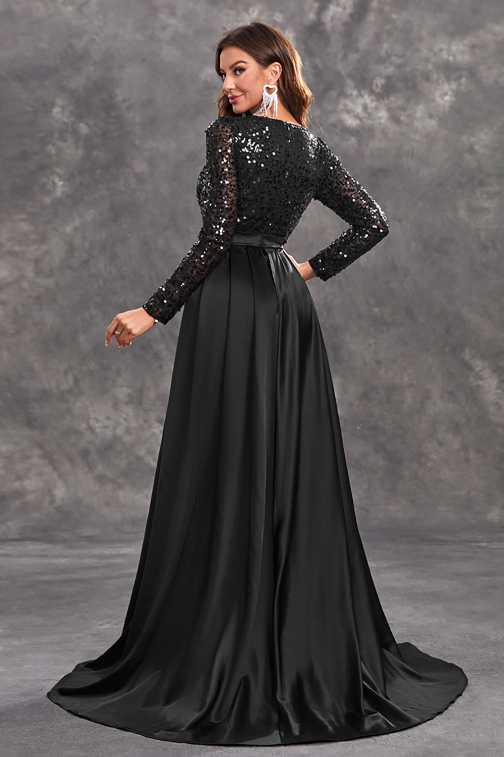 Divina - Sequin Draped Evening Gown Formal Satin and Sequin