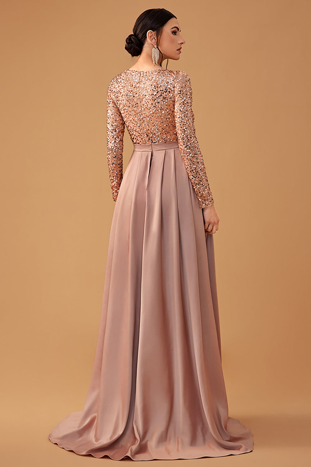 Divina - Sequin Draped Evening Gown Formal Satin and Sequin