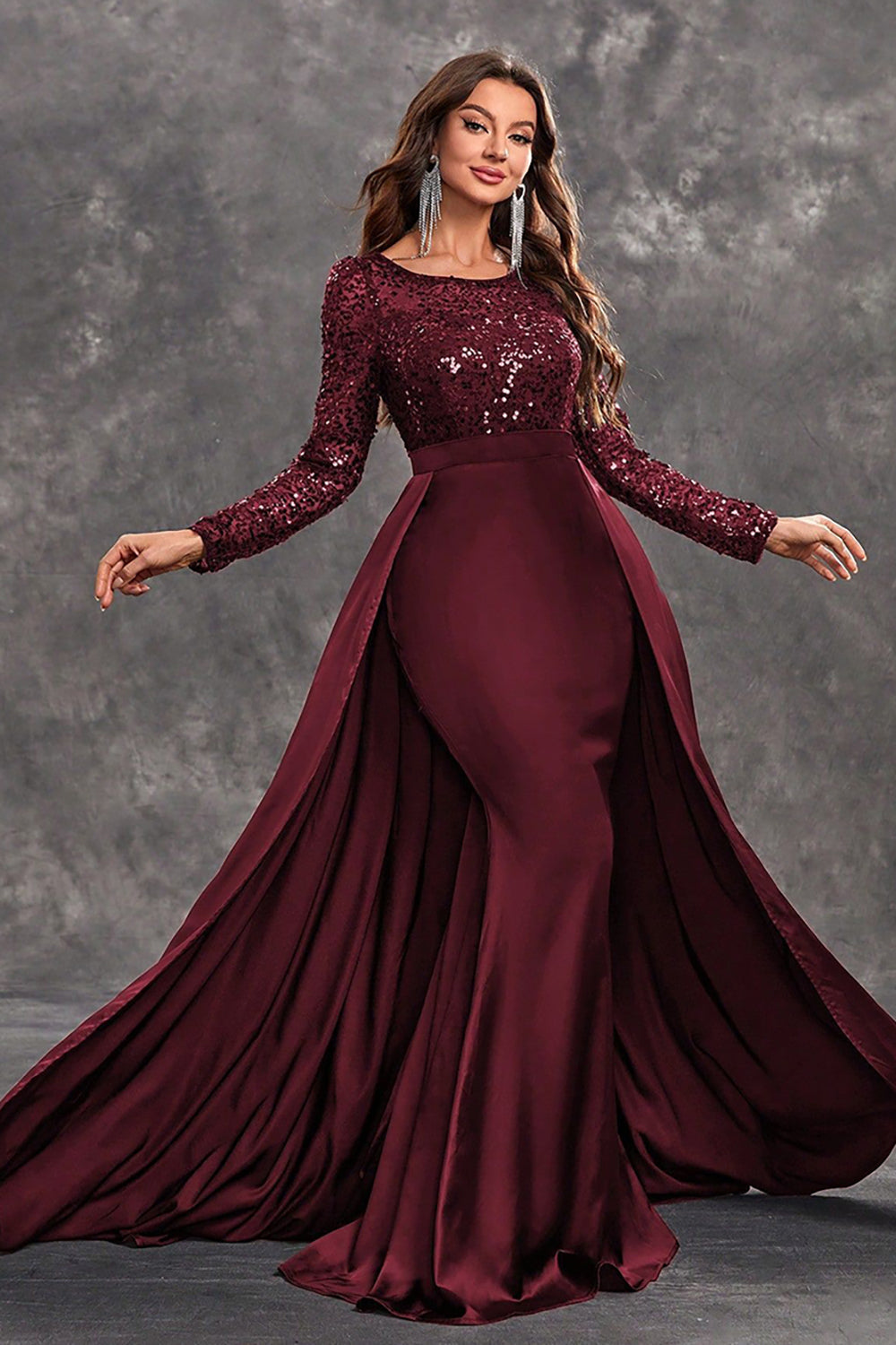 Divina - Sequin Draped Evening Gown Formal Satin and Sequin