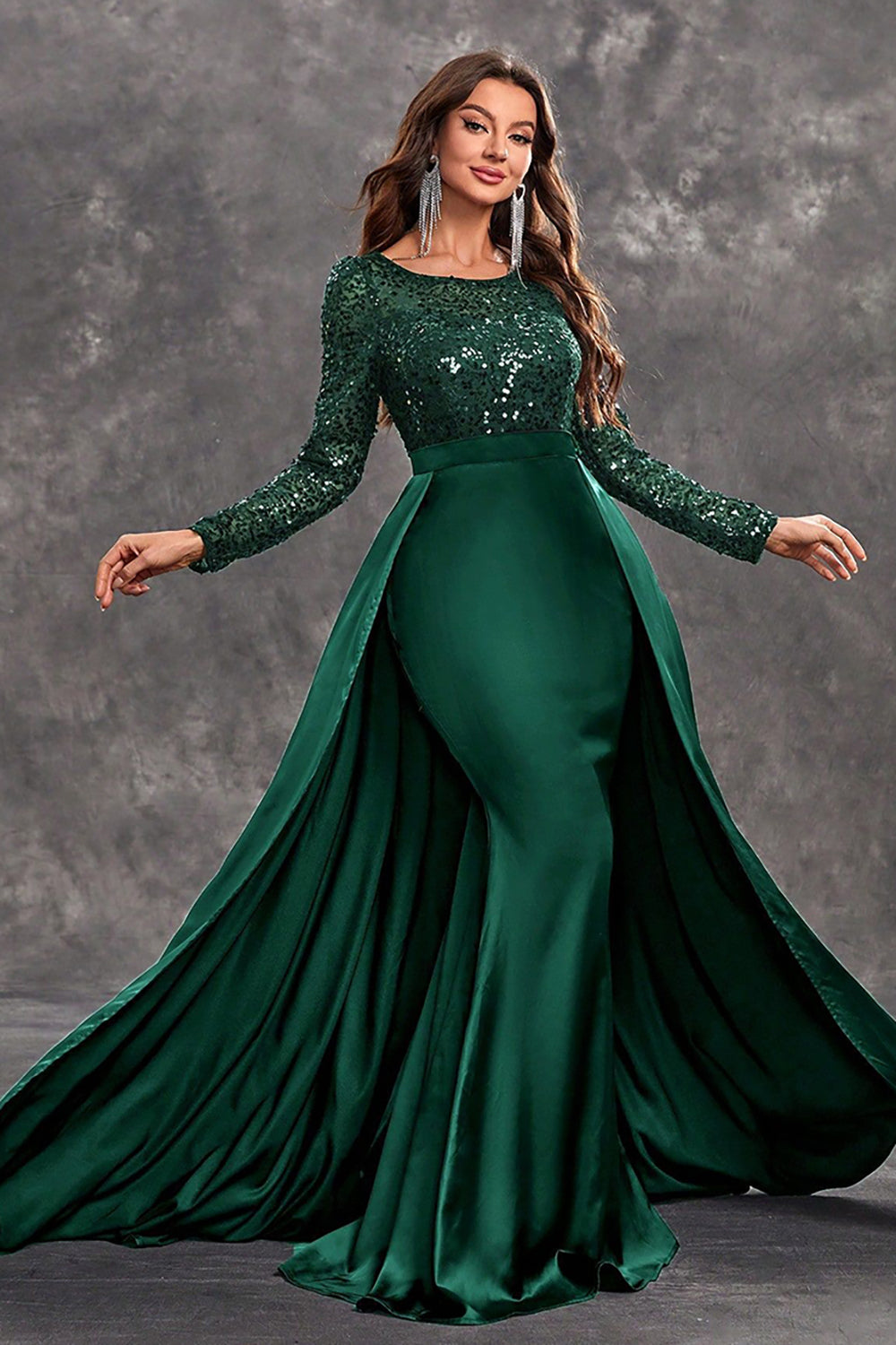 Divina - Sequin Draped Evening Gown Formal Satin and Sequin