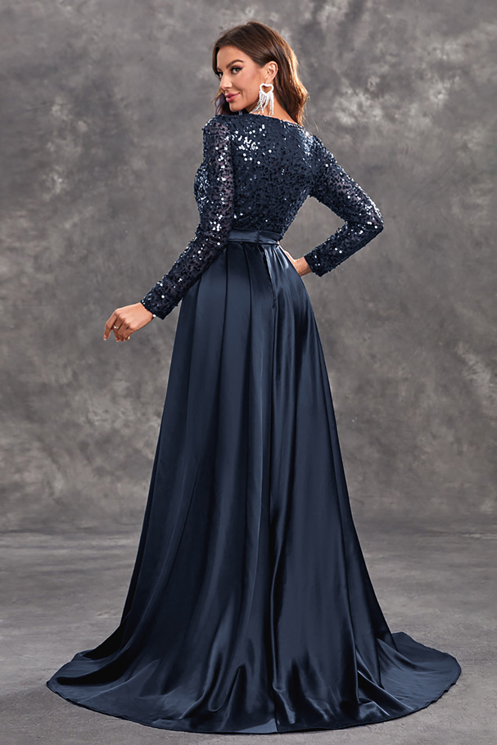 Divina - Sequin Draped Evening Gown Formal Satin and Sequin