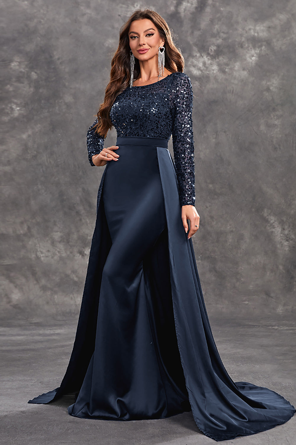 Divina - Sequin Draped Evening Gown Formal Satin and Sequin