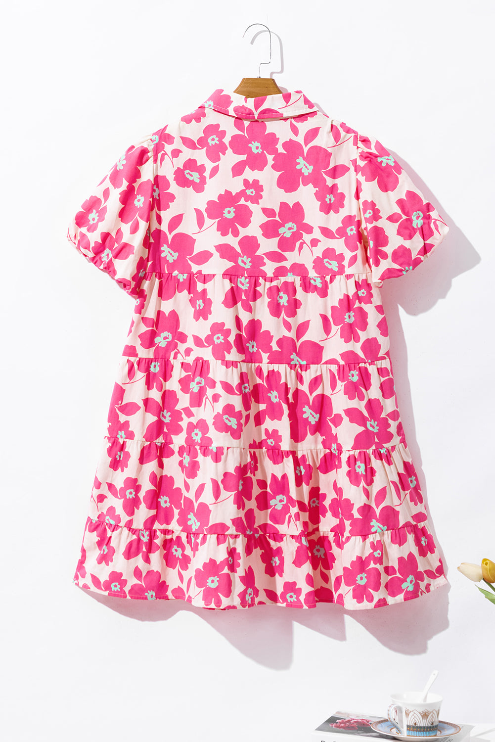 Carly - Floral Mini Shirt Dress with Puff Sleeves and Tiered Design