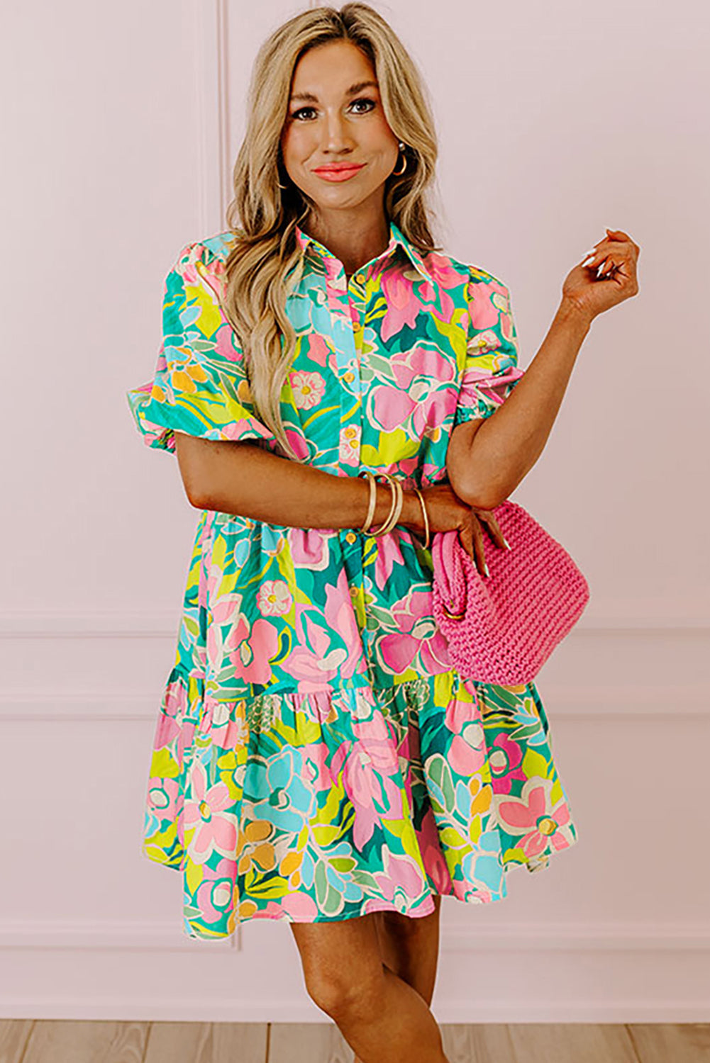 Ariella - Floral Print Babydoll Dress with Puff Sleeves and Buttoned Front