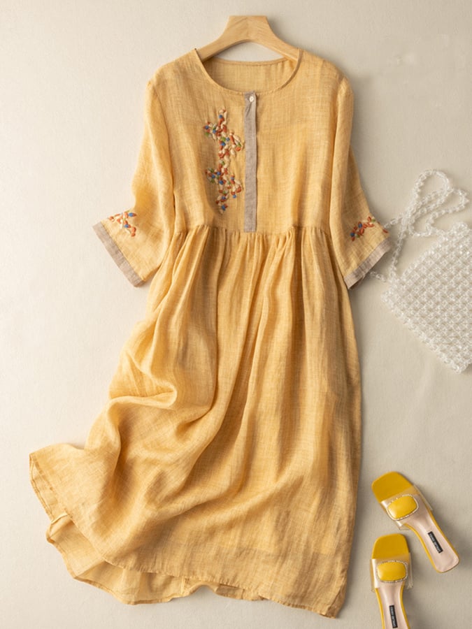Emily - Women’s Embroidered Cotton-Linen Midi Dress with A-Line Fit
