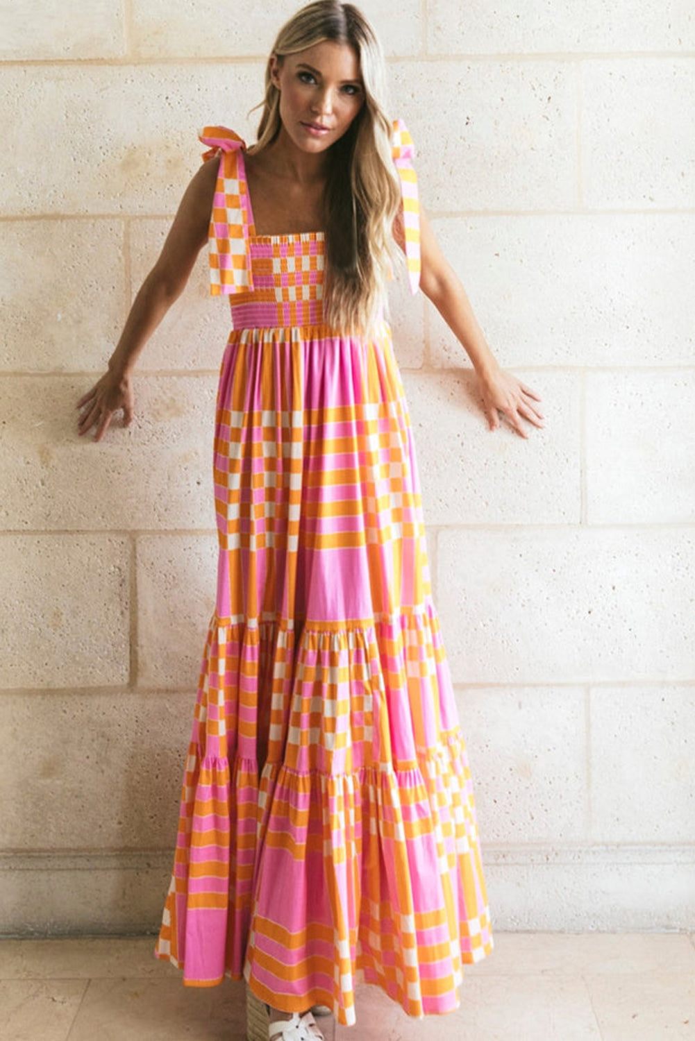 Naomi - Boho Gingham Smocked Maxi Dress with Tied Straps