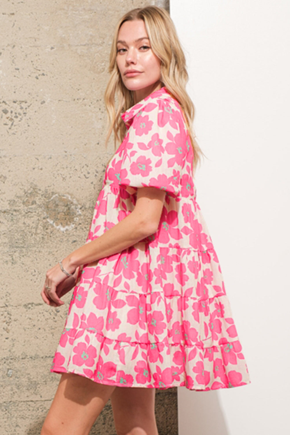 Carly - Floral Mini Shirt Dress with Puff Sleeves and Tiered Design