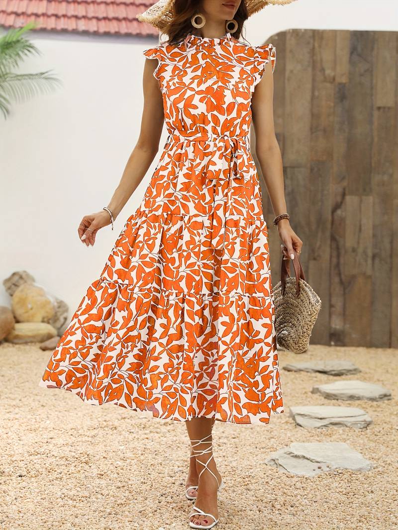 Eleanor - Ruffled Sleeve Leaf Print Summer Dress with Belt