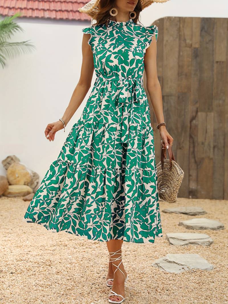 Eleanor - Ruffled Sleeve Leaf Print Summer Dress with Belt