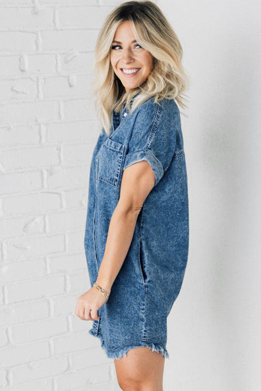 Gwen - Cuffed Sleeve Frayed Hem Denim Dress