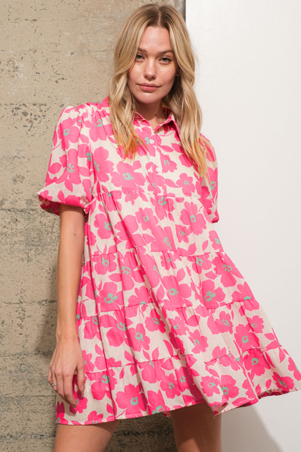 Carly - Floral Mini Shirt Dress with Puff Sleeves and Tiered Design