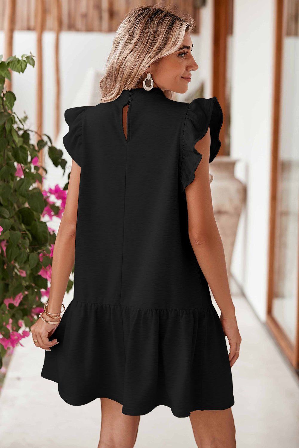 Harmony - Crew Neck Shift Dress with Flutter Sleeve