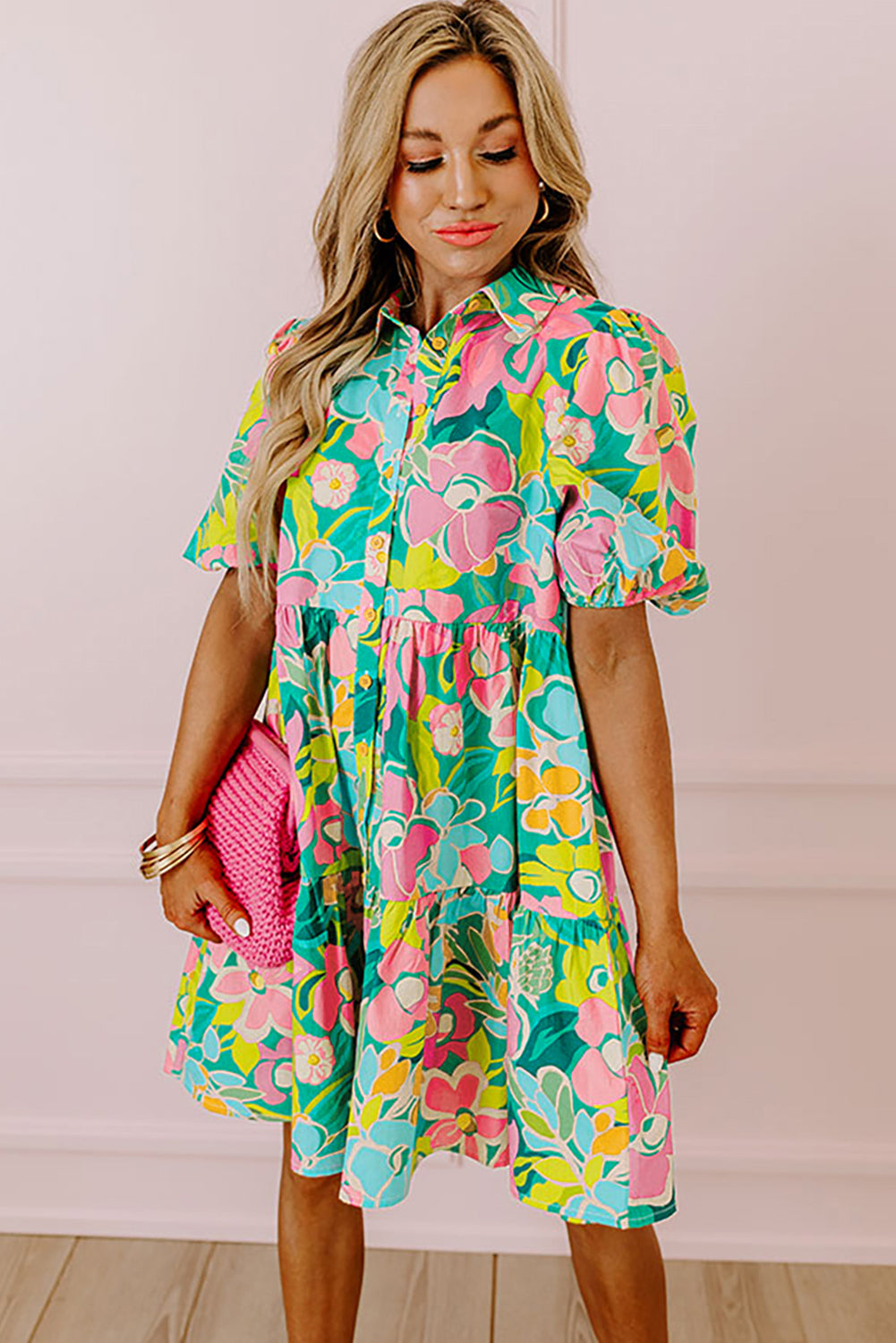 Ariella - Floral Print Babydoll Dress with Puff Sleeves and Buttoned Front