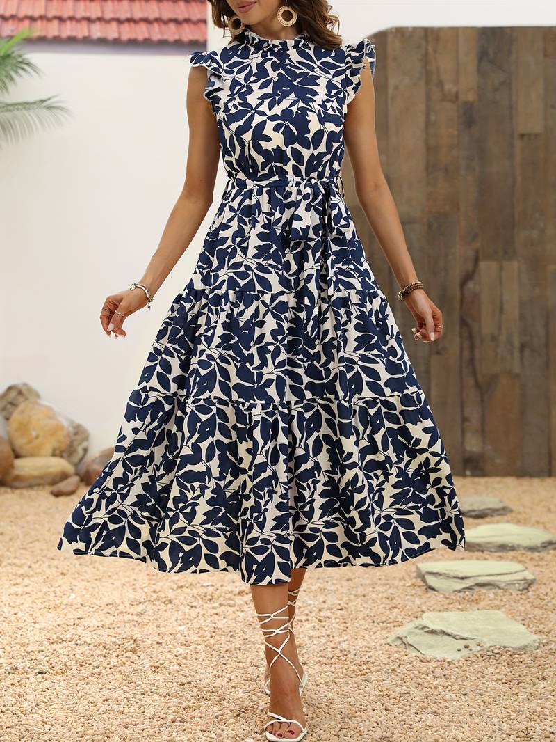 Eleanor - Ruffled Sleeve Leaf Print Summer Dress with Belt