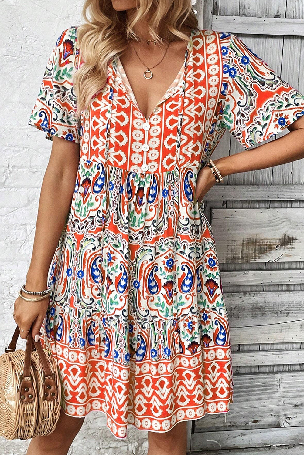 Jenna - Bohemian Tie Neck Ruffle Hem Dress