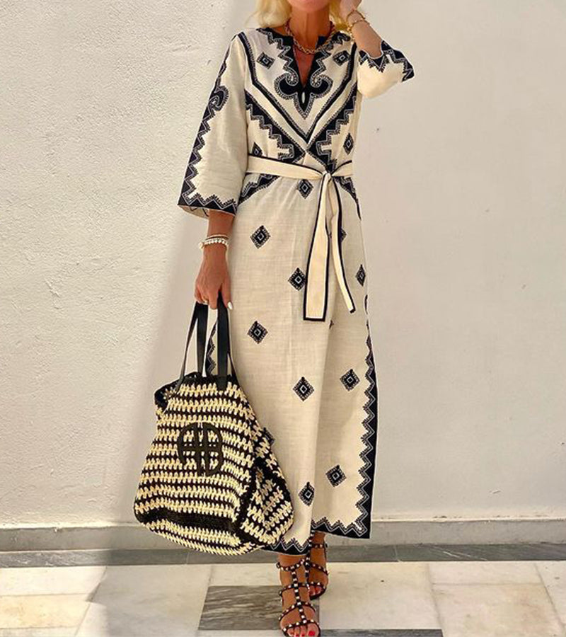 Emilia - Women’s Embroidered V-Neck Kaftan Dress with Flowing Fit