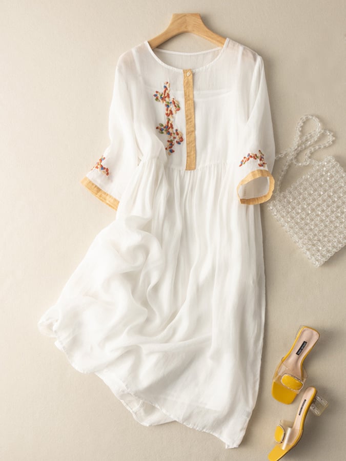 Emily - Women’s Embroidered Cotton-Linen Midi Dress with A-Line Fit