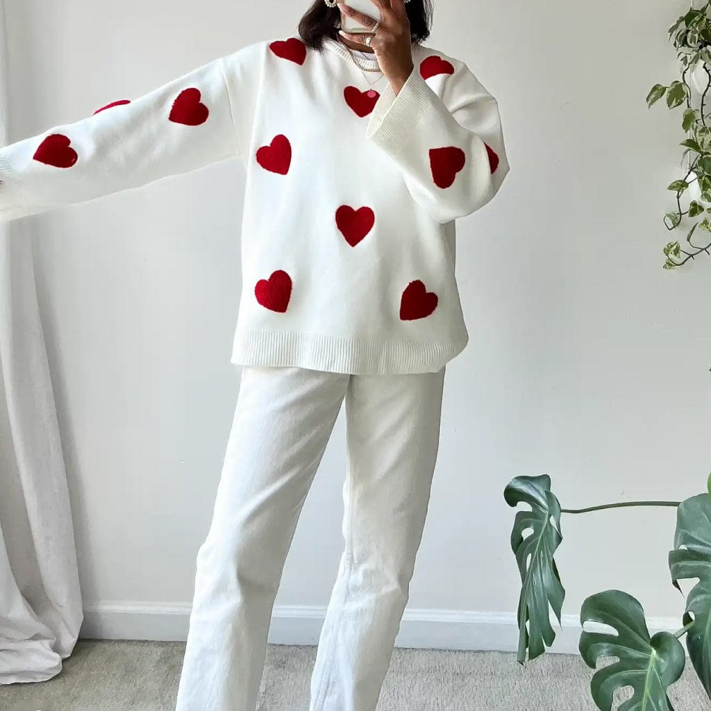 Florence - Heart Print Knit Sweater Casual Cozy Wear