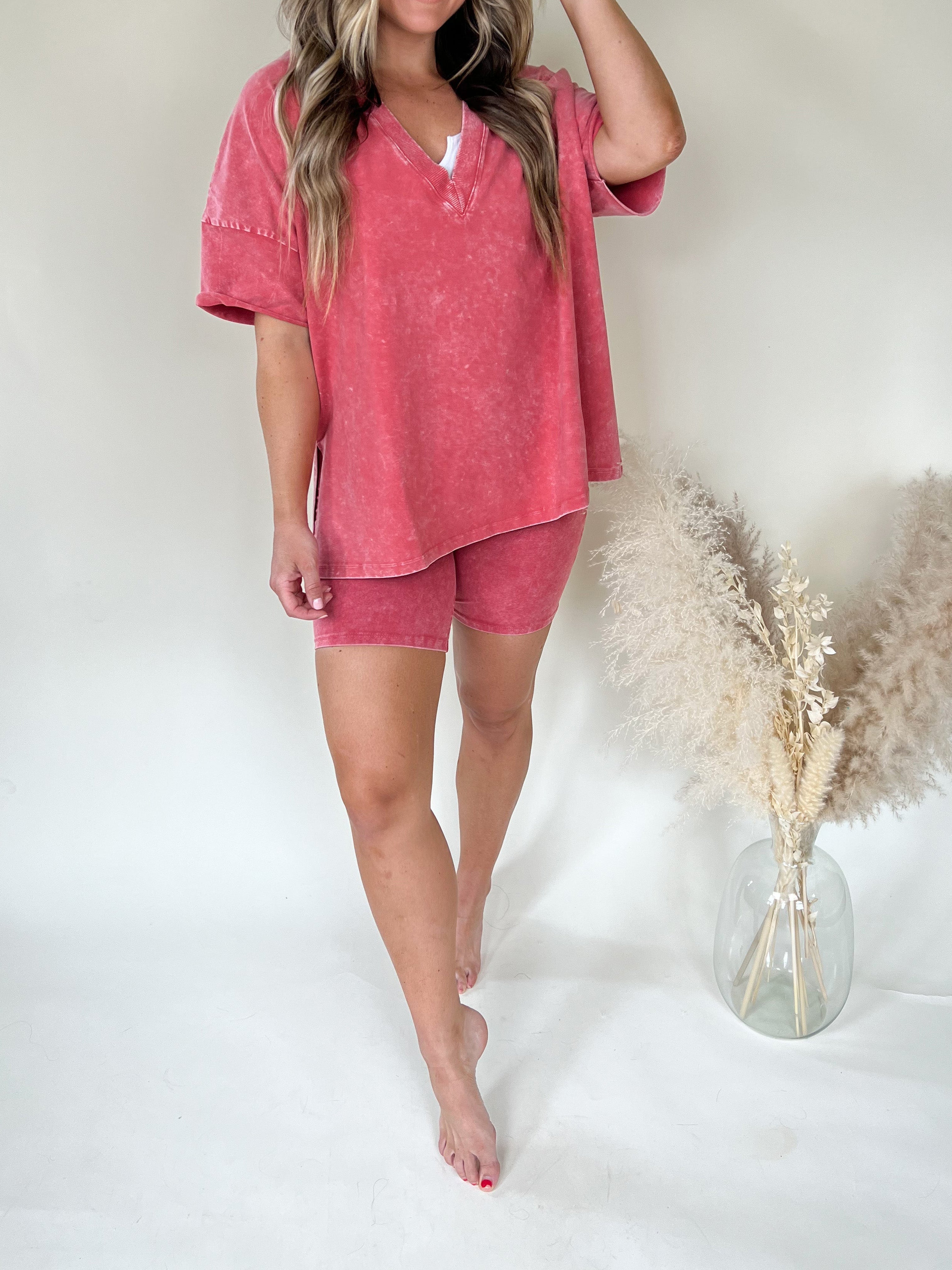 Henna - Acid Wash Oversized Tee and Biker Shorts Set Cotton for Casual and Trendy Style