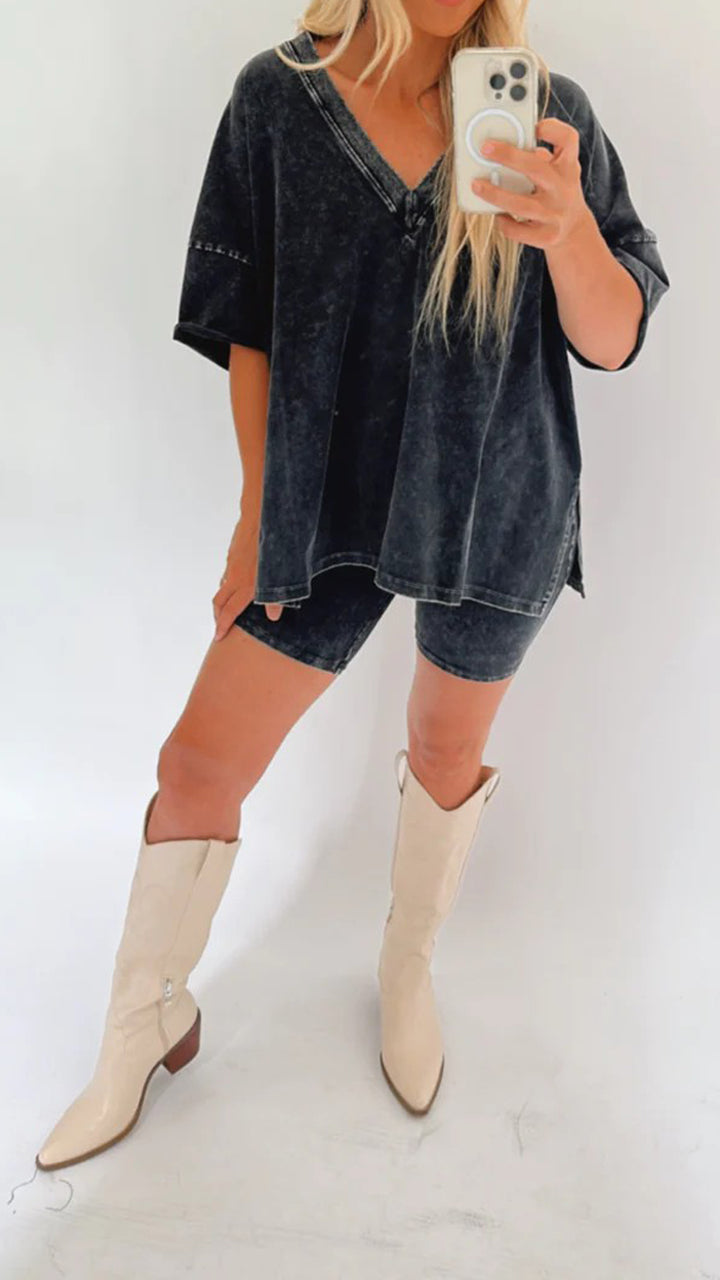 Henna - Acid Wash Oversized Tee and Biker Shorts Set Cotton for Casual and Trendy Style