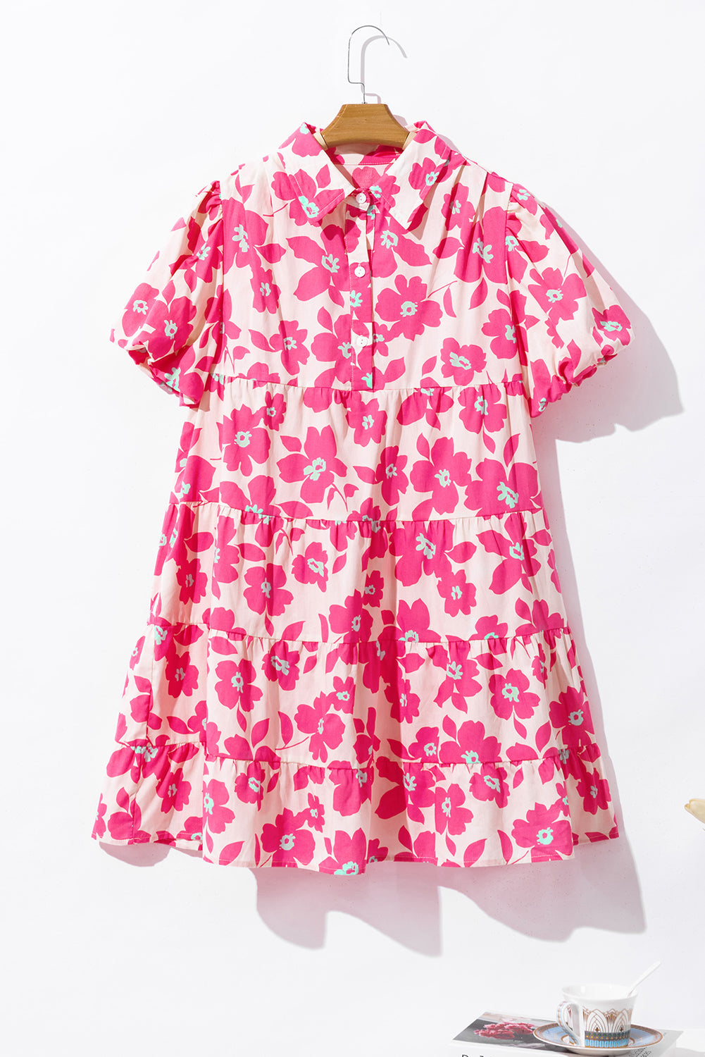 Carly - Floral Mini Shirt Dress with Puff Sleeves and Tiered Design