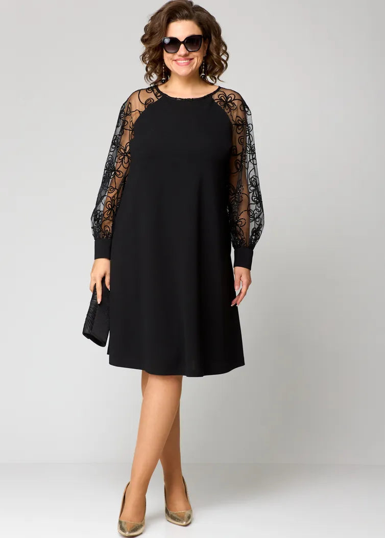 Beth - Elegant Lace-Sleeve A-Line Dress (Plus Size Available)