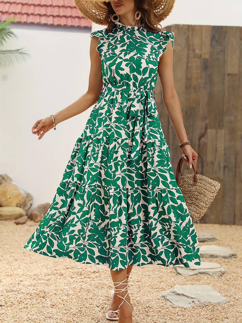 Eleanor - Ruffled Sleeve Leaf Print Summer Dress with Belt