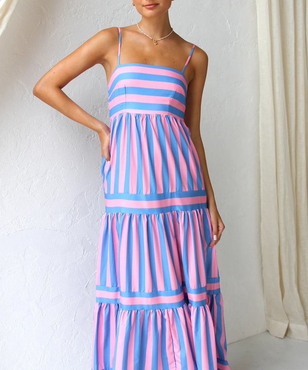 Harley - Striped Tiered Midi Dress Cotton Blend for Casual Elegance