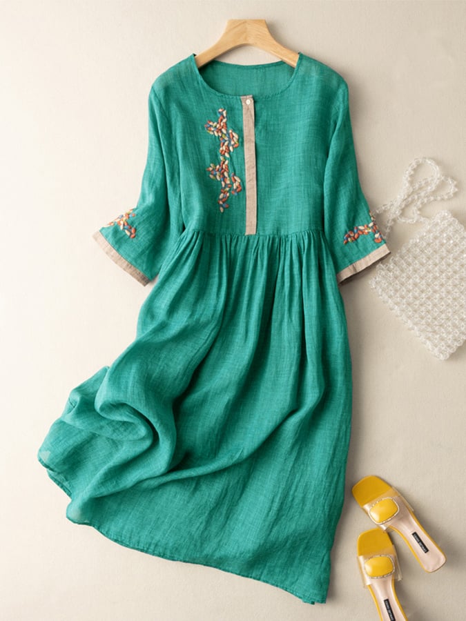 Emily - Women’s Embroidered Cotton-Linen Midi Dress with A-Line Fit